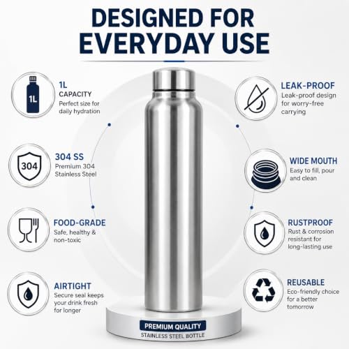 Image of TREVIO 1 Litre Stainless Steel Water Bottle, 304 Grade Food-Grade Steel Bottle with Airtight Leak-Proof Screw Cap, Wide Mouth, Rustproof Reusable Water Bottle for Office, Home, College & Travel (1)
