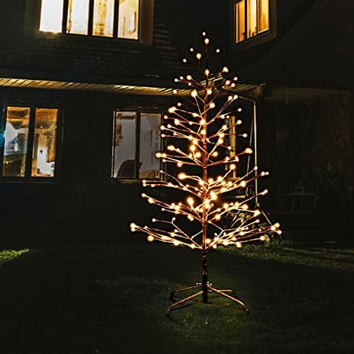 SHATCHI Pre-Lit LED Brown Snowy Twig Tree Christmas Decoration Festive Indoor Warm White Lights Birch Xmas Holiday Home Centerpiece Décor, 7ft