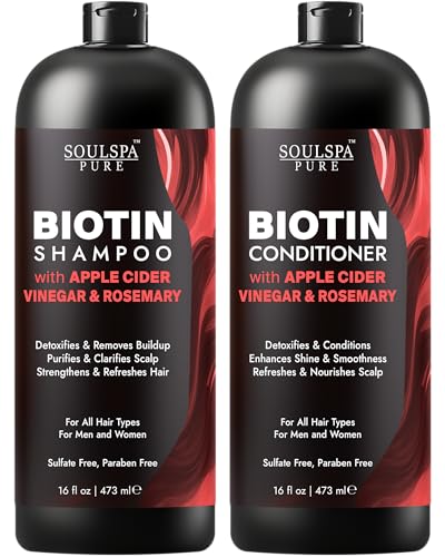 Image of SOULSPA PURE Apple Cider Vinegar Biotin Shampoo and Conditioner Set - ACV Clarifying Scalp Care with Rosemary Oil & Keratin - Sulfate Free for Oily, Thinning Hair - 16 fl oz Each