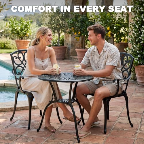 Image of NUU GARDEN 3-Piece Outdoor Bistro Set, Round 23.8 Inch Cast Aluminum Bistro Table with Umbrella Hole and 2 Cast Aluminum Bistro Chairs, for Patio, Garden, Backyard and Balcony, Black