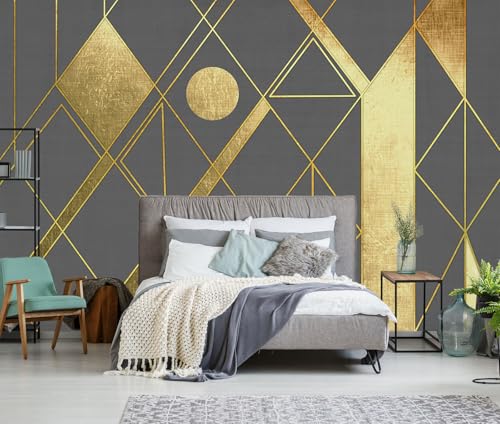 TUNDJ Gray and Gold Geometric Wallpaper Mural for Living Room 91"x60"