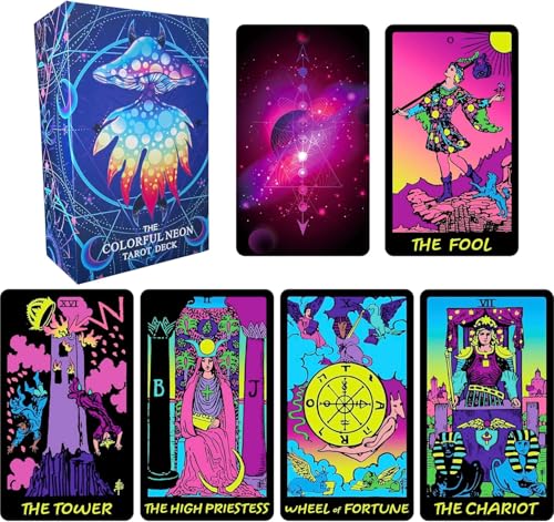 Colorido mazo de cartas de tarot de neón con guía, cartas de tarot para principiantes, baraja de tarot 78, con significados en ellas