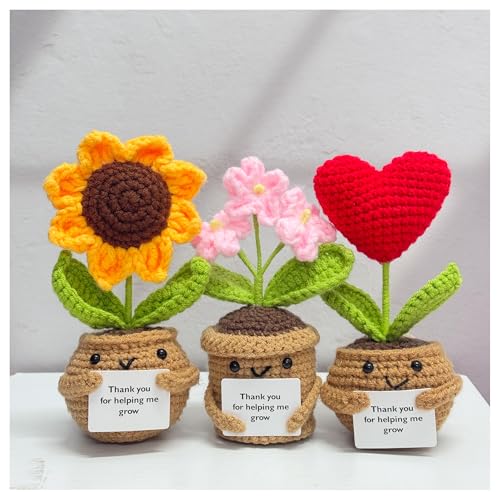 HivFov 3PCS Handmade Crochet Sunflower Red Heart Forget-me-not,Crochet Flowers Gifts,Crochet Potted Plant, Thanks Teacher Gift,Gift for her/Friend/Mom/Teacher,Crochet Flower Home Desk Decor