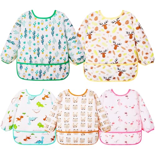 Lictin 5 Pcs Babero con Mangas Impermeable- Babero de Manga Larga con Escote Ajustable para Bebes Unisex (0-24 meses) - Multicolor