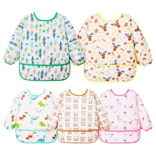 Lictin 5 Pcs Babero con Mangas Impermeable- Babero de Manga Larga con Escote Ajustable para Bebes Unisex (0-24 meses) - Multicolor
