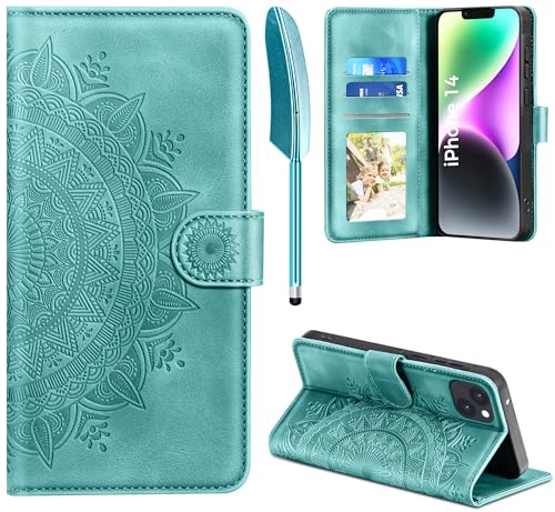 EASDNB Lederhülle für iPhone 14 Hülle Handyhülle für iPhone 14 Flip Wallet PU Leder Case [Kartenfach] [Magnet] [Ständer] Prägung Klapphülle Schutzhülle für iPhone 14 Grün