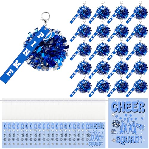 Threehoney 20 Pack Pin Me Cheer Ribbon Keychain with Gift Cards and Organza Bags Pom Pom Cheer Gifts Set for Cheerleader Team