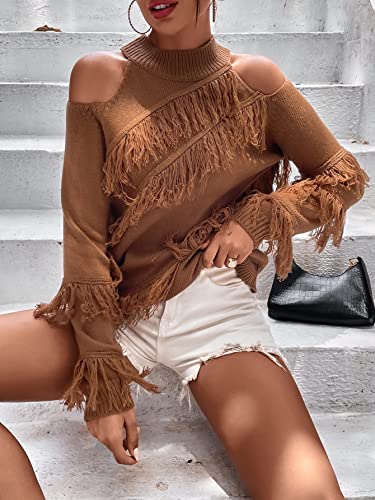 Wdirara Women's Cold Shoulder Long Sleeve Fringe Mock Neck Pullover Sweater Coffee Brown L #TOP2