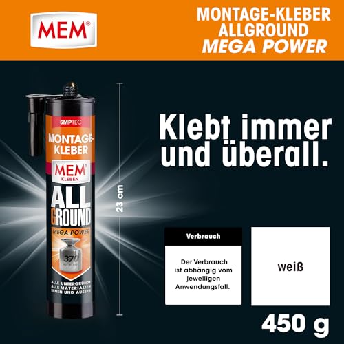 MEM Montage-Kleber Allground Mega Power, Wasser- und UV- beständig, Hohe Anfangshaftung und megastarke Endfestigkeit, Für fast alle Untergründe, Lösemittelfrei, 450 g Kartusche, Weiß