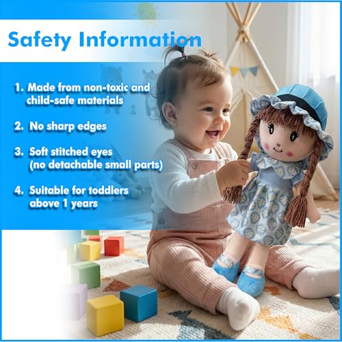 Image of Apollo Toys Soft Cloth Doll for Kids | Cute Braided Girl Plush Toy with Hat | Premium Cotton Stuffed Soft Toy for Girls | Birthday Gift for Kids | Safe & Washable Doll (Blue Dress, 50 cm) (Blue)