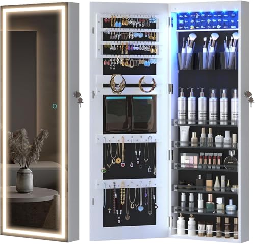 LVSOMT LED Mirror Jewelry Cabinet, Wall/Door Mount Jewelry Armoire Organizer with Lights, Full Length Mirror with Jewelry Storage, Over the Door Hanging Jewelry Cabinet (White)