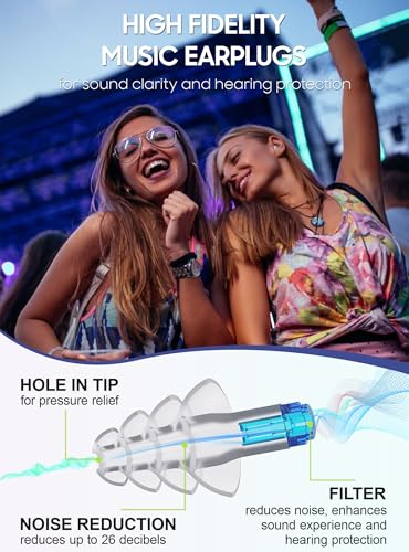 Image of Concert Ear Plugs, 2 Pairs Adults Soft Silicone Reusable High Fidelity Musician Earplugs 26dB, with Silicone Connector Cord, Ear Protection Earplugs for Rave, Festival, Music,Tinnitus Relief