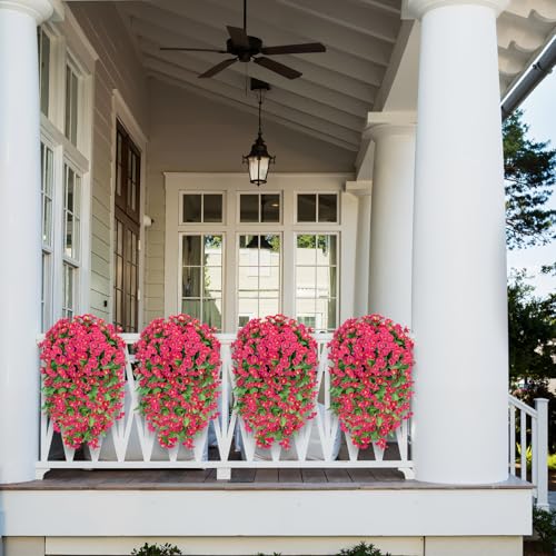 Image of Bassion 2 Pack Artificial Hanging Petunias Flowers for Outdoors, Rose Red | UV resistant, silk fake flowers, hanging morning glory trailing vines, porch garden spring summer planter decoration