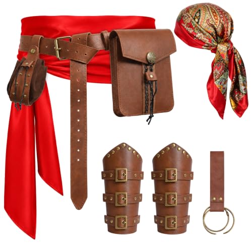 Image of Renaissance Pirate Belt Pouch with Coin Purse Skirt Hike Bracers | 8pack Medieval Viking Pirate Belt Pouch for Halloween Cosplay Ren Faire Accessories,Brown.