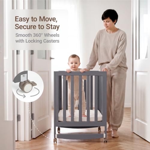 Image of MAMAZING EvoNest 6-in-1 Convertible Baby Mini Crib with Wheels | GREENGUARD Gold Certified, New Zealand Pine Wood, 4 Adjustable Heights, Rocking Mode, Small Spaces Design, Grey