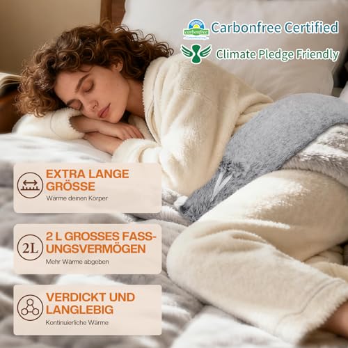 BOLEi Extra Lang Wärmflasche mit Bezug Flauschig,Auslaufsicher & Geruchlos,73cm Nackenwärmflasche Kann Zugebunden Werden,Geschenke für Männer Frauen(Lang-Grau)