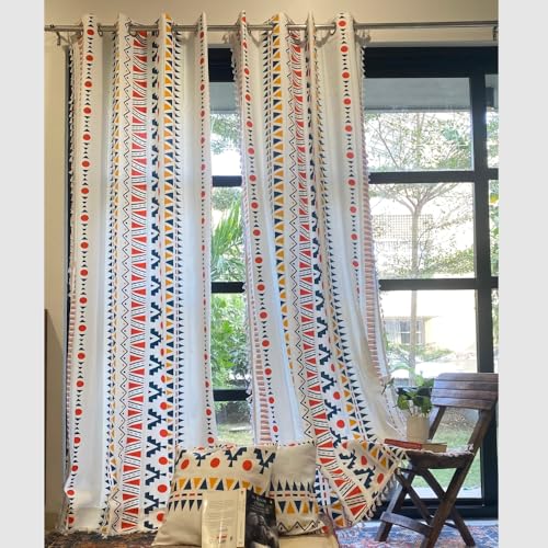 Image of Urban Space 100% Cotton Geometric Light-Filtering Curtain For Door,Boho Decorative 7 Feet Long With Eyelets & Tieback,Pack Of 2 Curtains Covers(Door,7X4Ft,Cushion Cover,16X16 Inch,Ikat Orange)