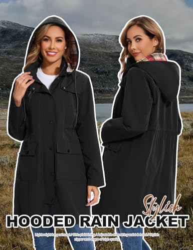Tuopuda Regenjacke Damen Wasserdichte Übergangsjacke Lange Regenmante Windbreaker Jacke Leicht mit Abnehmbare Kapuze Regenparka Atmungsaktiv für Frühling Sommer Herbst, Schwarz, M