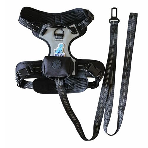 Big Old Pup 5-in-1 Reflective Dog Harness with Built-in 5ft Leash & Seatbelt Clip, Waste-Bag Pouch + 3 Rolls, Adjustable Quick-Fit Buckles, Breathable Mesh, Dual D-Rings, Large