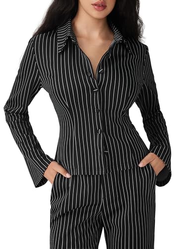CIDER Womens Striped Button Down Blouse Bell Sleeves Fitted Dressy Casual Collared Crop Tops Y2K Office Siren Clothes4