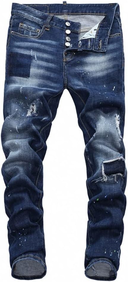 Men's Painted Jeans Skinny Ripped Patchwork Slim Fit Denim Pants for Male Asual Trousers