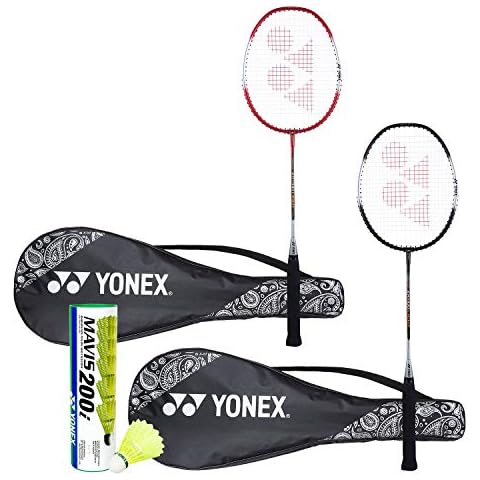 YONEX Aluminum ZR 100 Light Badminton Racquet Combo Set of 2 with Full Cover Black/Red + Mavis 200I Shuttlecock Pack of 6 Cover