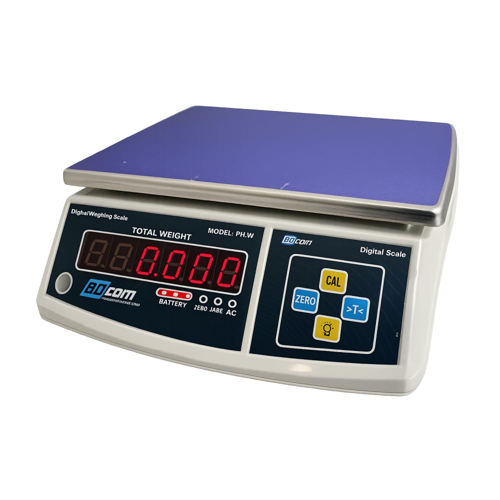 BDcom PH-30W Balanza Industrial de Sobremesa 30 kg / 1 g | Pantalla LED | Batería 80h | Plato Inox 28x21 cm | Tara y Cero | Patas Regulables
