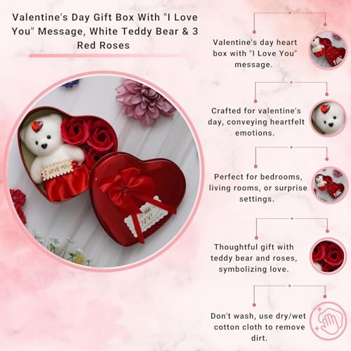 Image of BENAVJI Heart Shaped Valentines Day Gift Box with I Love You Message Teddy Bear 3 Red Roses- Valentine Gift for Girlfriend Boyfriend Husband Wife-Valentine Day Gifts-Valentine Day Decoration Items