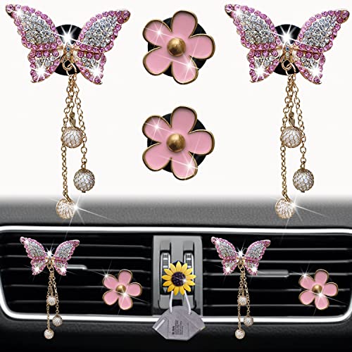 Image of Daisy & Butterfly Pandent 4 Pcs Bling Car Air Fresheners, Vents Clips with Diamond Decor & Sunflower Mask Hook