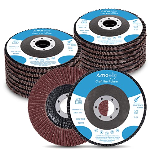 amoolo 4 1/2 Inch Flap Disc, 16Pcs 40 60 80 120 Grit Angle Grinder Sanding Discs, High Density Abrasive Grinding Wheels Type 27 for Metal/Wood Grinding (7/8 inch Arbor Size)