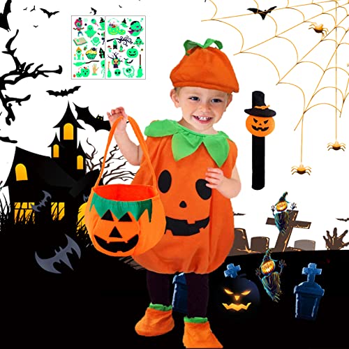 DMNQ Halloween Costume Citrouille, Costume Citrouille Enfant avec Chapeau et Sacs à Bonbons, Déguisement Bebe Citrouille, Costume Bébé Citrouillepour Halloween ou Cosplay Cover