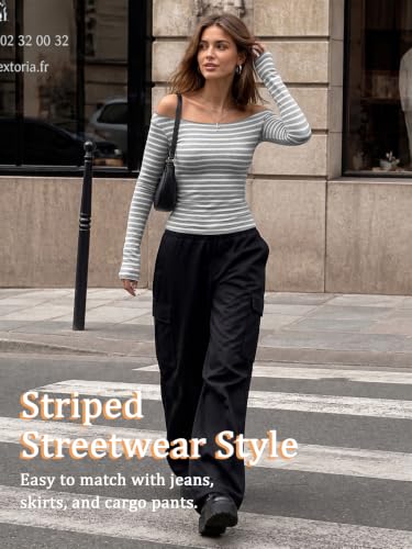 Image of Women Off Shoulder Striped Long Sleeve Top 2026 Fall Going Out Tee Shirts