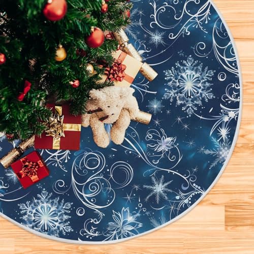 Mnsruu Christmas Tree Skirts Deep Blue Snowflakes Stars Xmas Tree Skirt Christmas Tree Mat for New Years Decorations Holiday Home Decor