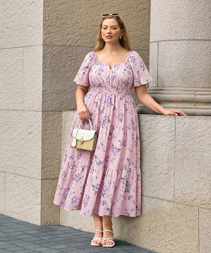 Image of RITERA Plus Size Dresses for Curvy Women Square Neck Short Sleeve Summer Floral Smocked Maxi Dress with Pocket XL-5XL