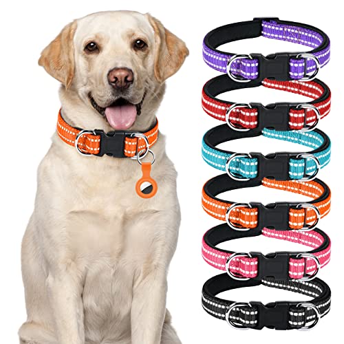 AUAUY Reflektierend Halsband Hund, Verstellbares Atmungsaktives Hundehalsband, Weich Gepolstertes Neopren Nylon Hunde Halsband mit AirTag-Hülle Doppel-D-Ring für Kleine Mittel Große Hunde(Orange-M)