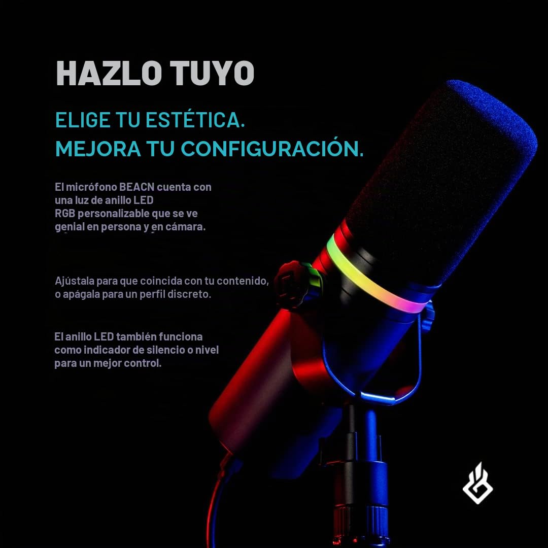 BEACN Micrófono USB dinámico oscuro para PC y juegos, transmisión de grado de transmisión, podcast y micrófono de YouTube con iluminación RGB, rechazo de ruido y monitoreo de auriculares, micrófono