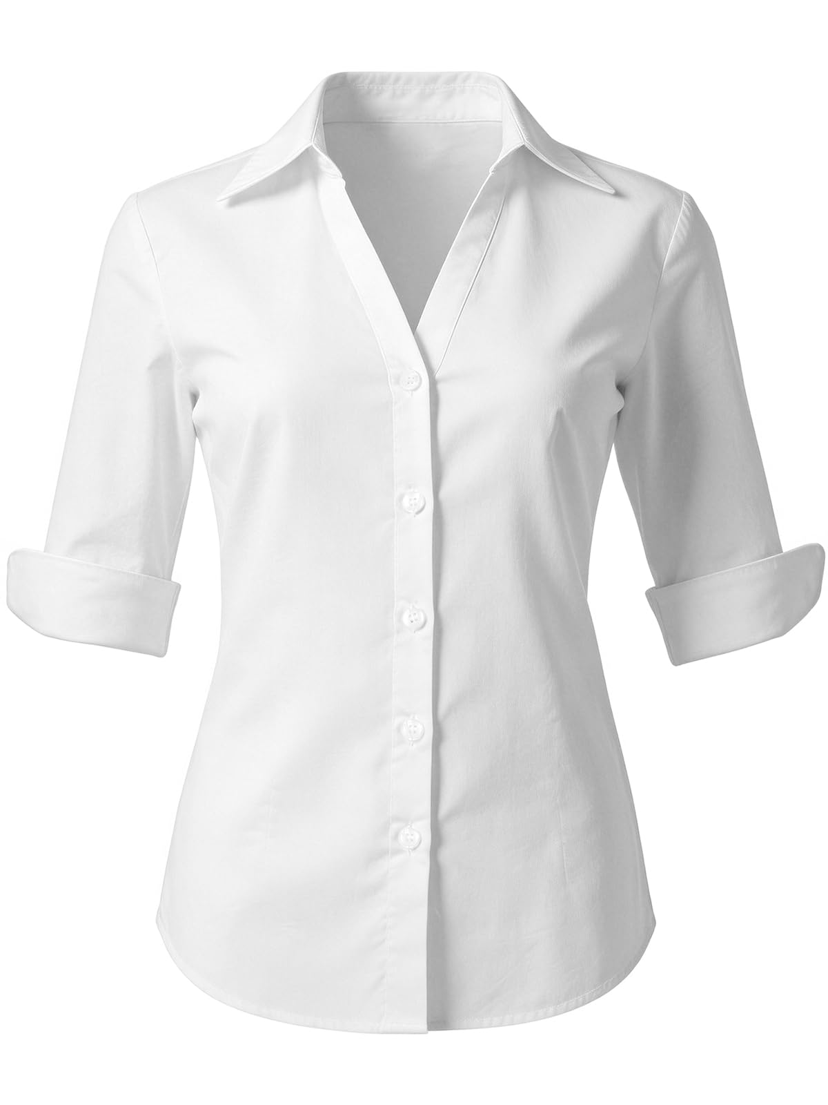Bluse Damen 3/4 Ärmel Hemdbluse 100% Baumwolle Blusen Damen Sommer V-Ausschnitt Business Blusen Weiße