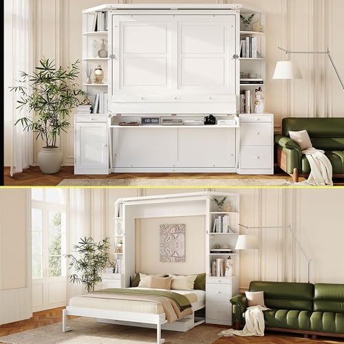 MERITLINE Queen Murphy Bed with Desk & Storage Shelves &