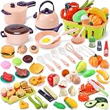 CUTE STONE 70+pcs Kids Play Kitchen Accessories Toy, Complete Cooking Playset with Peelable & Cuttable Play Food, Pots & Pans, Utensils, Shopping Basket, Tray, Learning Gift for Toddlers Age 3-6
