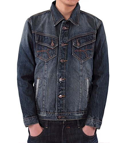 ITALY MORN Men's Cotton Red Selvedge Denim Jeans Washed Jacket Coat Indigo (S)