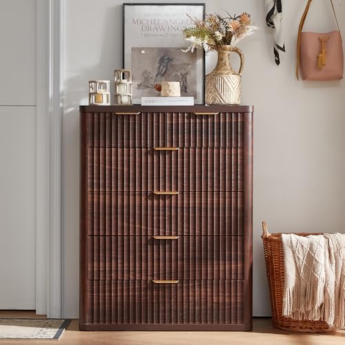 Image of LEYAOYAO Fluted 6 Drawers Dresser for Bedroom, 42 inch Tall Modern Chest of Drawers with Metal Handle, Curved Profile Design,Walnut Wood Drawer Organizer for Bedroom, Living Room, Hallway, Entryway