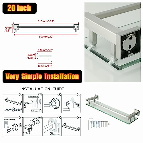 Alise Bathroom Shelves Glass Shelf Wall Mount,Floating Shelves For Bathroom,Rectangular Tempered 1 Tier Glass Holder Storage Organizer,Brushed Nickel 20 Inch #TOP5