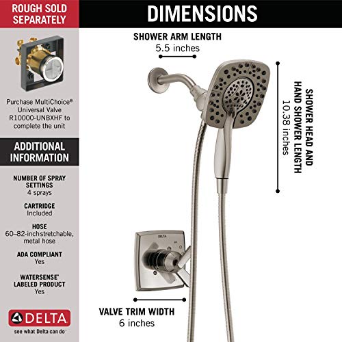 Image of Delta Faucet Ashlyn 17 Series Dual-Function Shower Trim Kit with 2-Spray Touch-Clean In2ition 2-in-1 Hand Held Shower Head with Hose, Stainless T17264-SS-I (Valve Not Included)