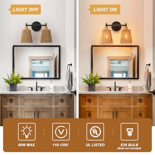 Image of 2-Light Boho Vanity Light Fixtures, Farmhouse Bathroom Light Fixtures Over Mirror, Rustic Rattan Vanity Lighting with Hand-Woven Lampshade for Bedroom Living Room Bathroom Restroom Hallway