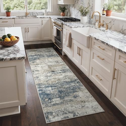 Image of GENIMO Runner Rug Non Slip 2'6 inchx8', Washable Rug Runner for Hallways Kitchen, Abstract Modern Kitchen Rugs, Low Pile Lightweight Carpet Runners for Entryway, Bedroom, Laundry, Navy Blue