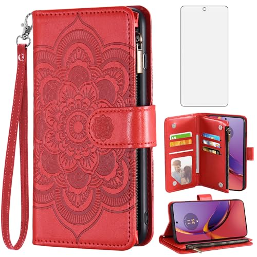 Protection Moto G84 5G avec étui portefeuille pliable rouge et film écran XT2347-2