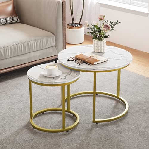 Smuxee White Nesting Coffee Table Set of 2, 23.6“ Round Coffee Table Wooden Marble Pattern with...