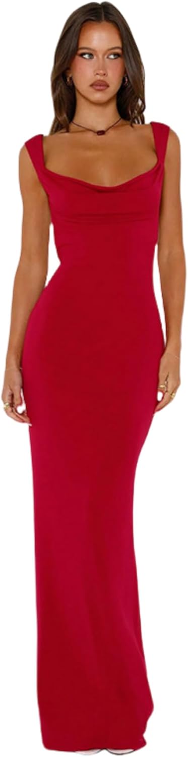 RARITYUS Women’s Elegant Satin Bow Maxi Dress Sexy Cowl Neck Backless Wedding Guest Dress Cocktail Party Evening Gown - Image 2