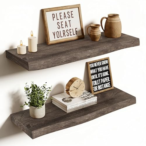Image of Vivelove Wood Floating Shelves Live Edge 24 inch Set of 2, Dark Walnut