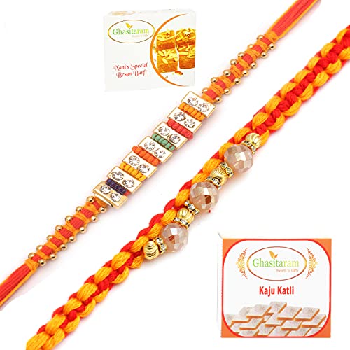 Ghasitaram Gifts Rakhi for Brother Rakhis Online – Set of 2 Glittering Thread and Multicolour Stone Premium Rakhis with 200 gms of Besan Barfi and 200 gms of Kaju Katli Ghasitaram Gifts Rakhi for Brother Rakhis Online – Set of 2 Glittering Thread and Multicolour Stone Premium Rakhis with 200 gms of Besan Barfi and 200 gms of Kaju Katli